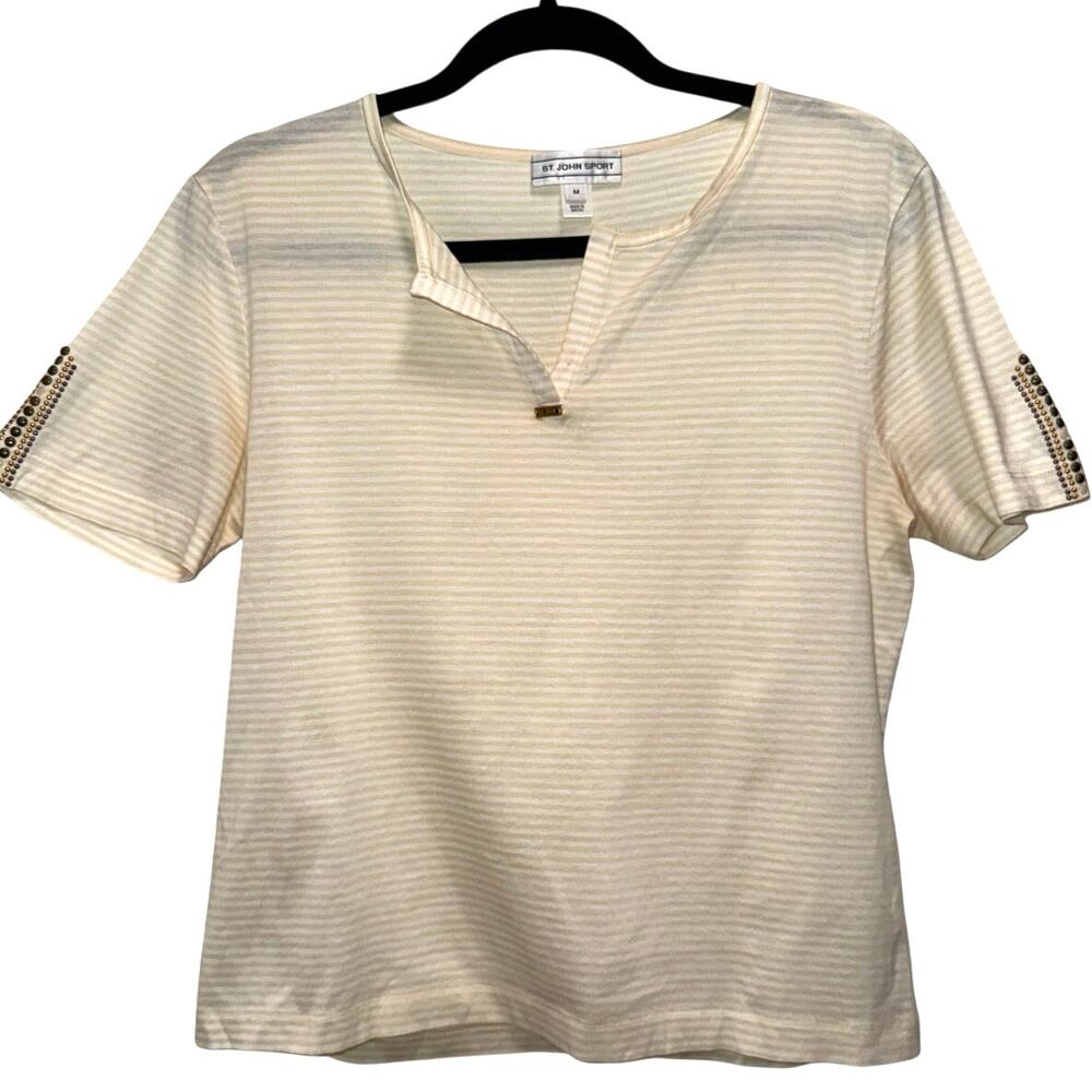 St. John Sport Striped Neutral Cotton V Neck Short Sleeve Studded Top Size Med
